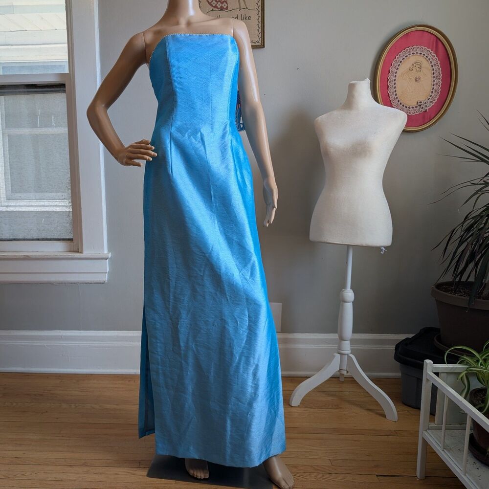 NWT Vintage 90s Faviana Strapless Prom Dress Blue Mermaid Rhinestone Slit Size 9